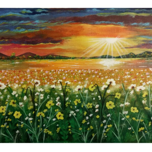 Sunrise Flower Field Landscape 24*18 Acrylics Canvas Handmade Painting