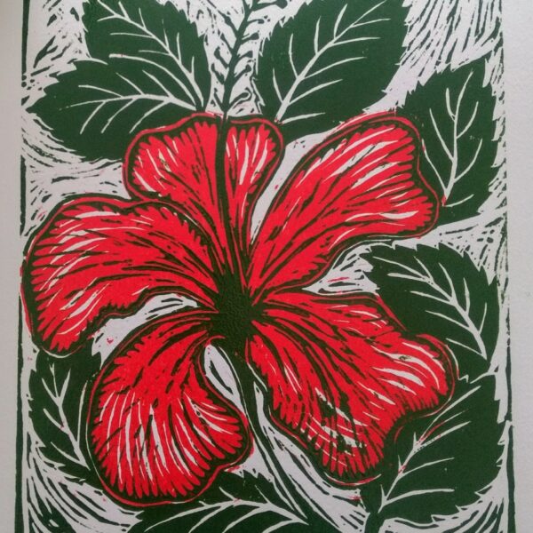 Hibiscus 10*12 Handmade Woodcut Print including 1" Border Painting
